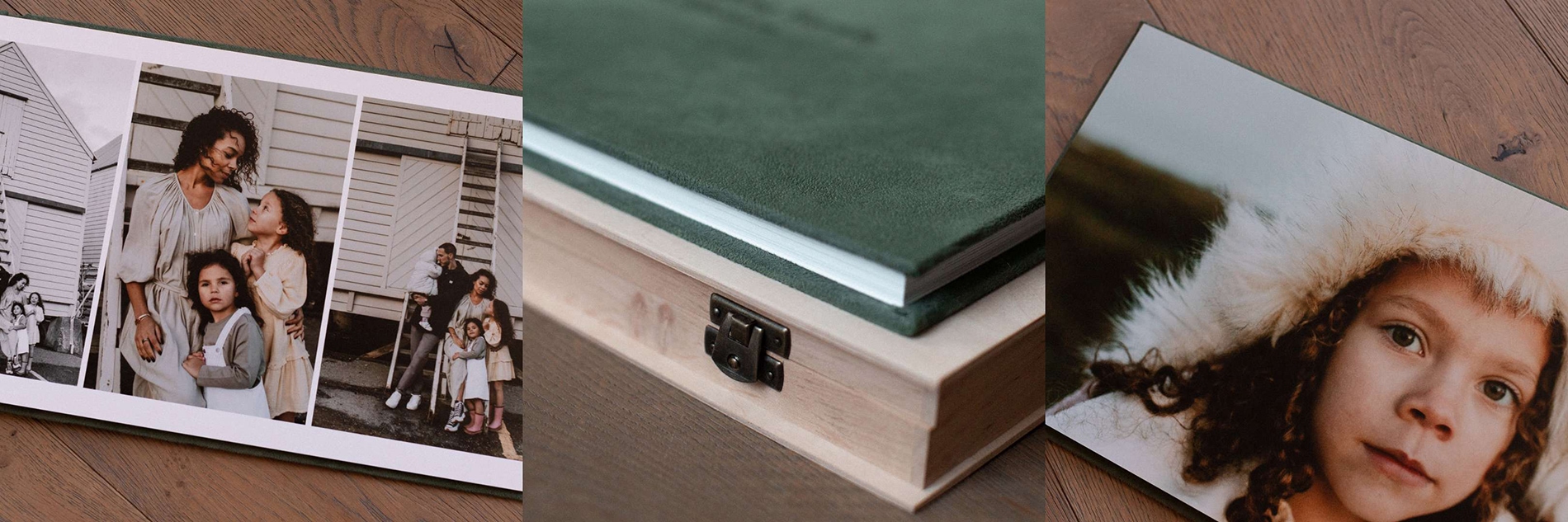 3 photos of a Family Photo Album. It has luxury thick pages and green velvet cover.